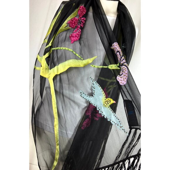Sue Wong Noctourne Chiffon & Cut Silk Floral Bird Scarf Black - Picture 3 of 4